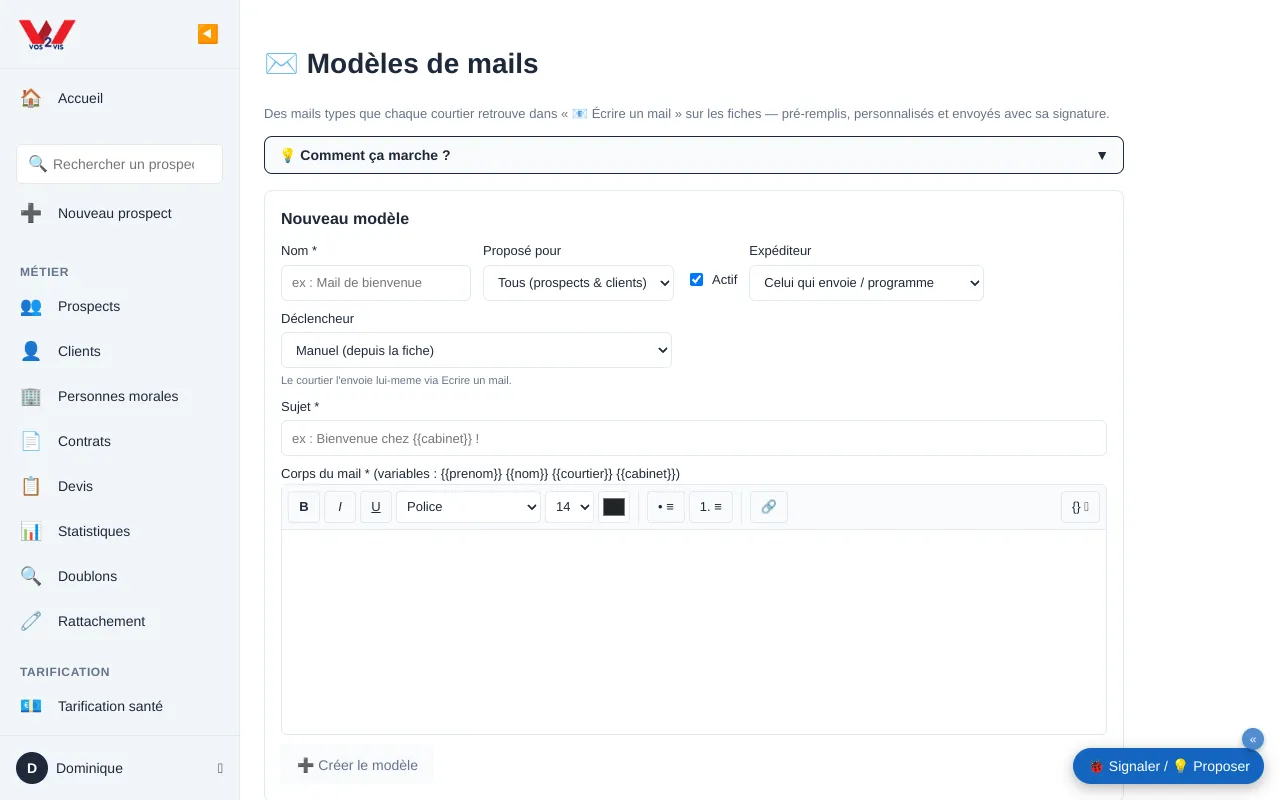 Les modèles de mails du cabinet, avec leurs variables