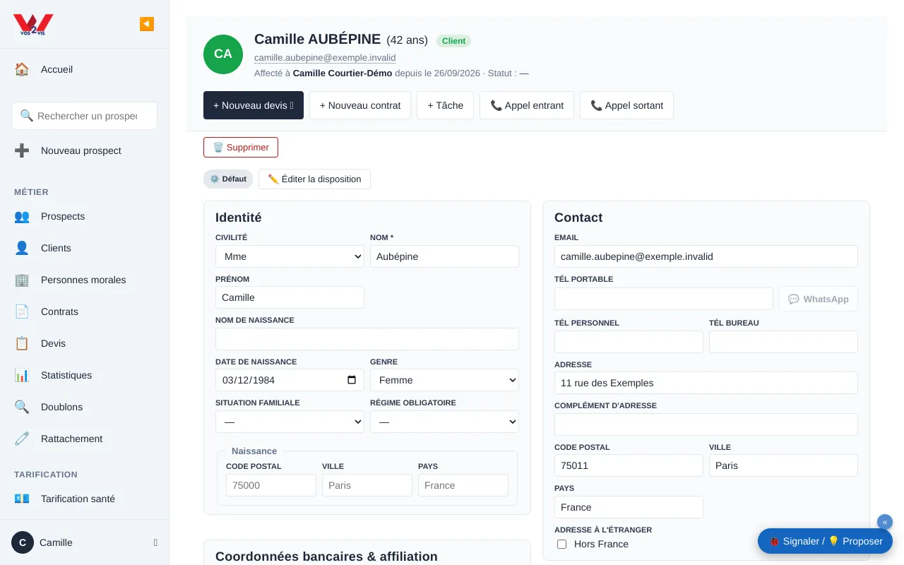 La fiche d'un client dans vos2vis : identité, contact, actions